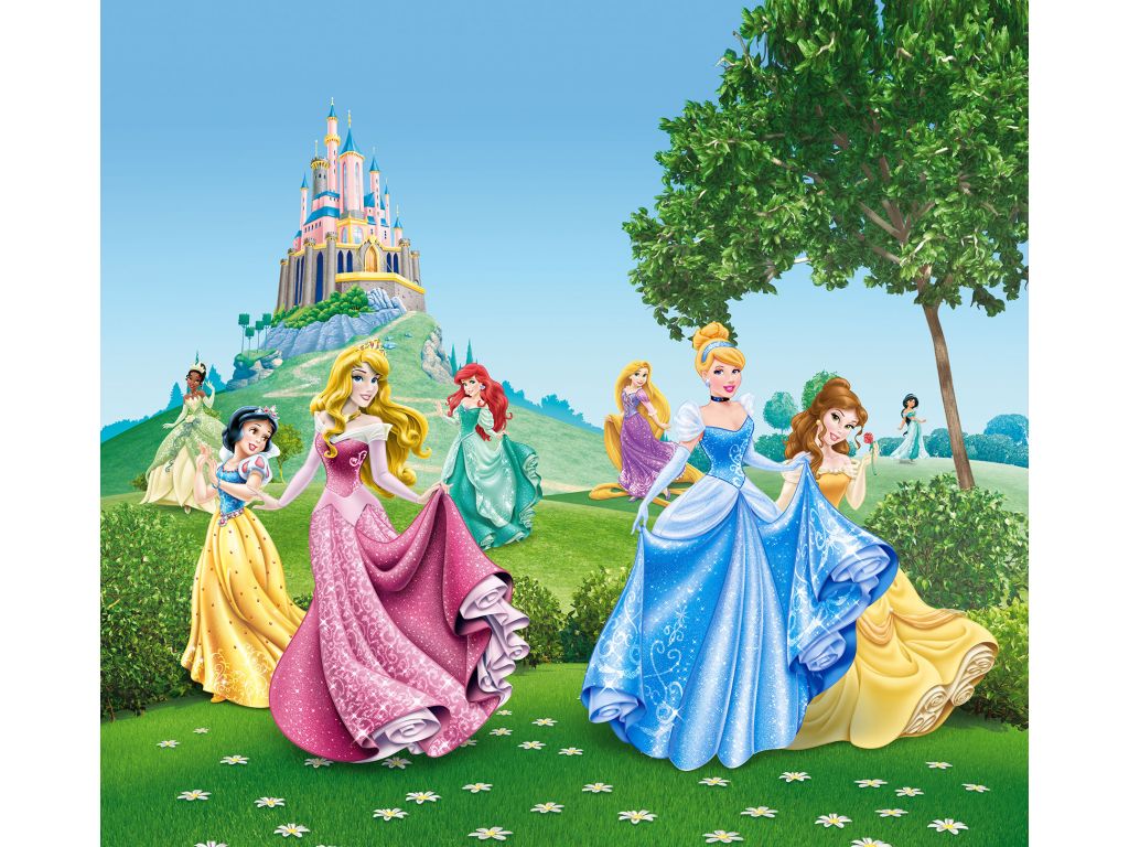 Dětský foto závěs AG Design FCS XL 4319 Disney Princezny u zámku 180 x 160 cm, lehké zastínění