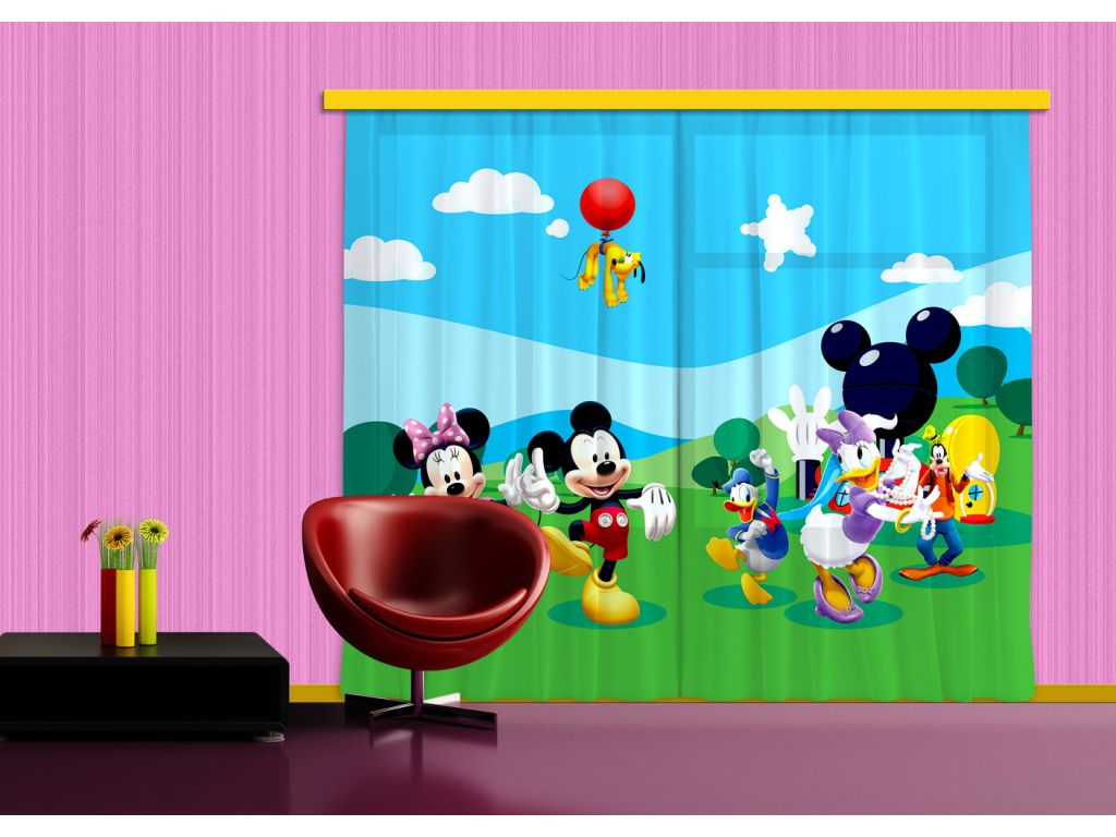 Dětské foto závěsy AG Design FCS XXL 7008 Disney Mickey a kamarádi 280 x 245 cm, lehké zastínění