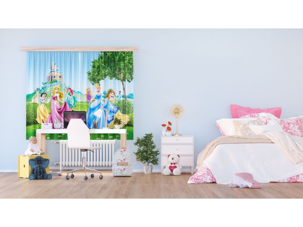 Dětský foto závěs AG Design FCS XL 4319 Disney Princezny u zámku 180 x 160 cm, lehké zastínění